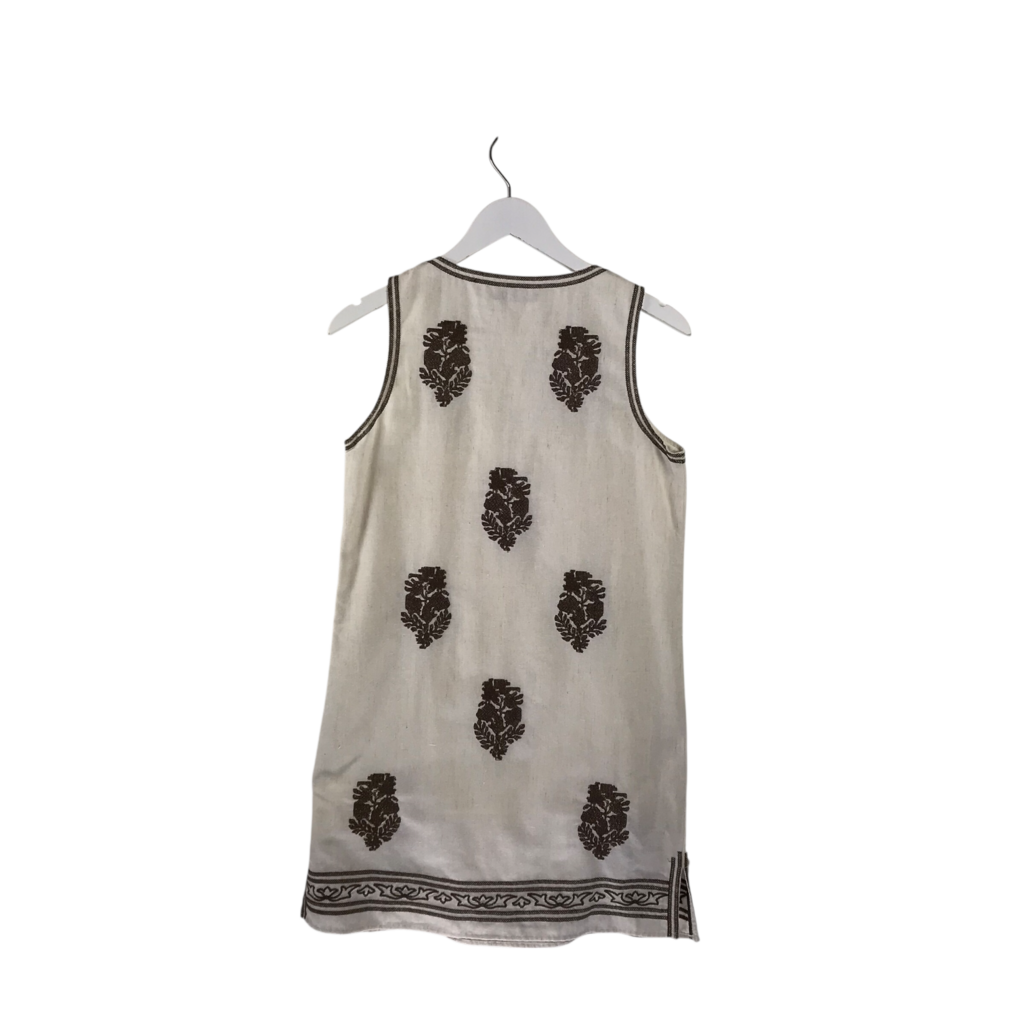 THML LINEN/COTTON BLEND EMBROIDERED SLEEVELESS DRESS WHITE BROWN SMALL
