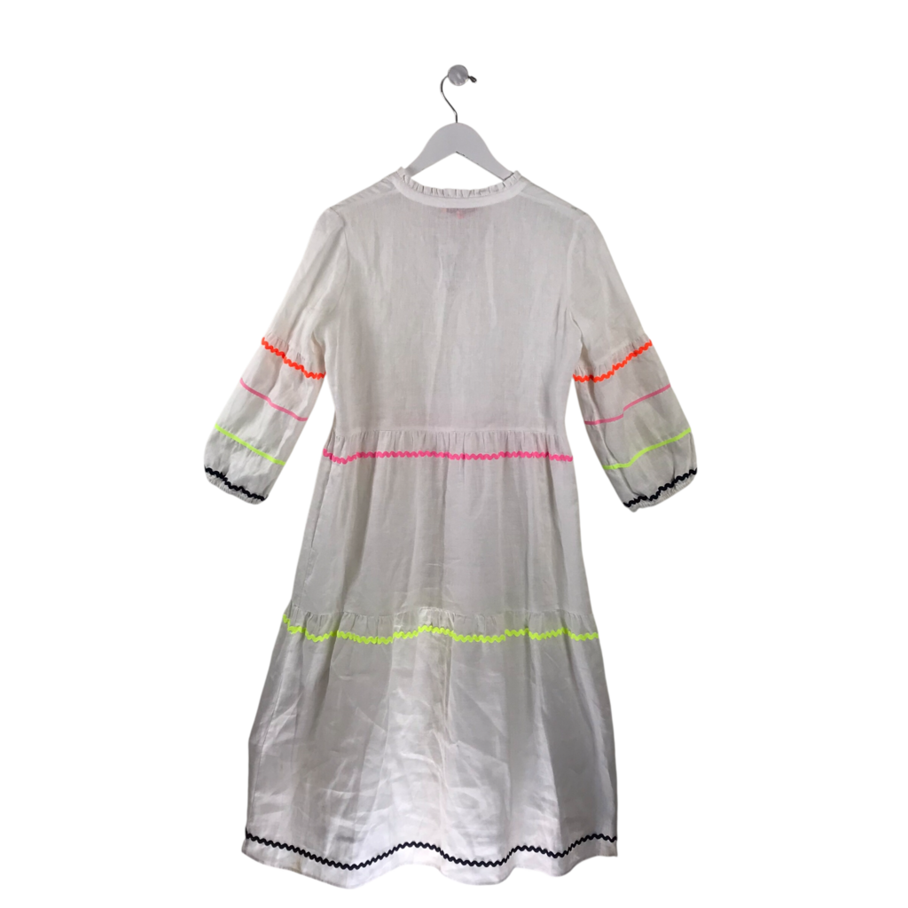 VILAGALLO LINEN RICK-RACK TRIM LONG SLEEVE MIDI DESIGNER DRESS WHITE MULTI 36