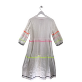 VILAGALLO LINEN RICK-RACK TRIM LONG SLEEVE MIDI DESIGNER DRESS WHITE MULTI 36