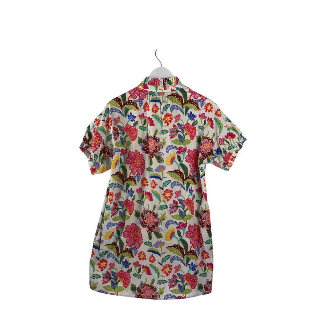 FLORAL SHORT SLEEVE DESIGNER DRESS WHTIE MUTLI SMALL