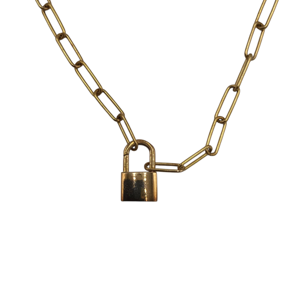 .925 CHAIN LINK LOCK PENDANT NECKLACE GOLD