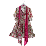SUE SARTOR FLORAL RUFFLE MINI DESIGNER DRESS WHITE RED MEDIUM