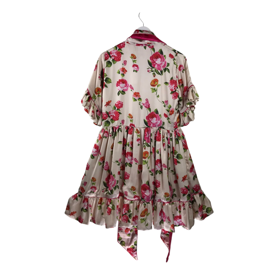 SUE SARTOR FLORAL RUFFLE MINI DESIGNER DRESS WHITE RED MEDIUM