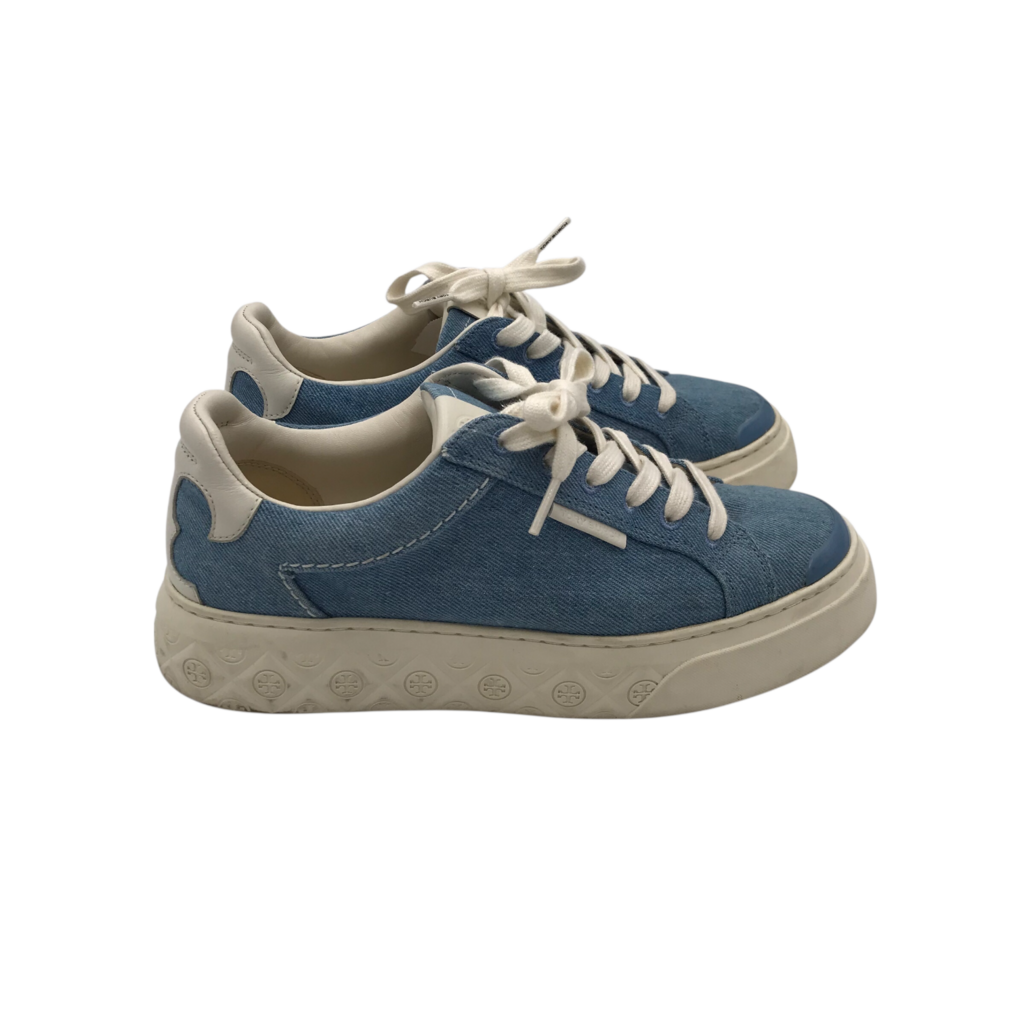 TORY BURCH RET$288 DENIM PLATFORM SNEAKER SHOES BLUE WHITE 7.5