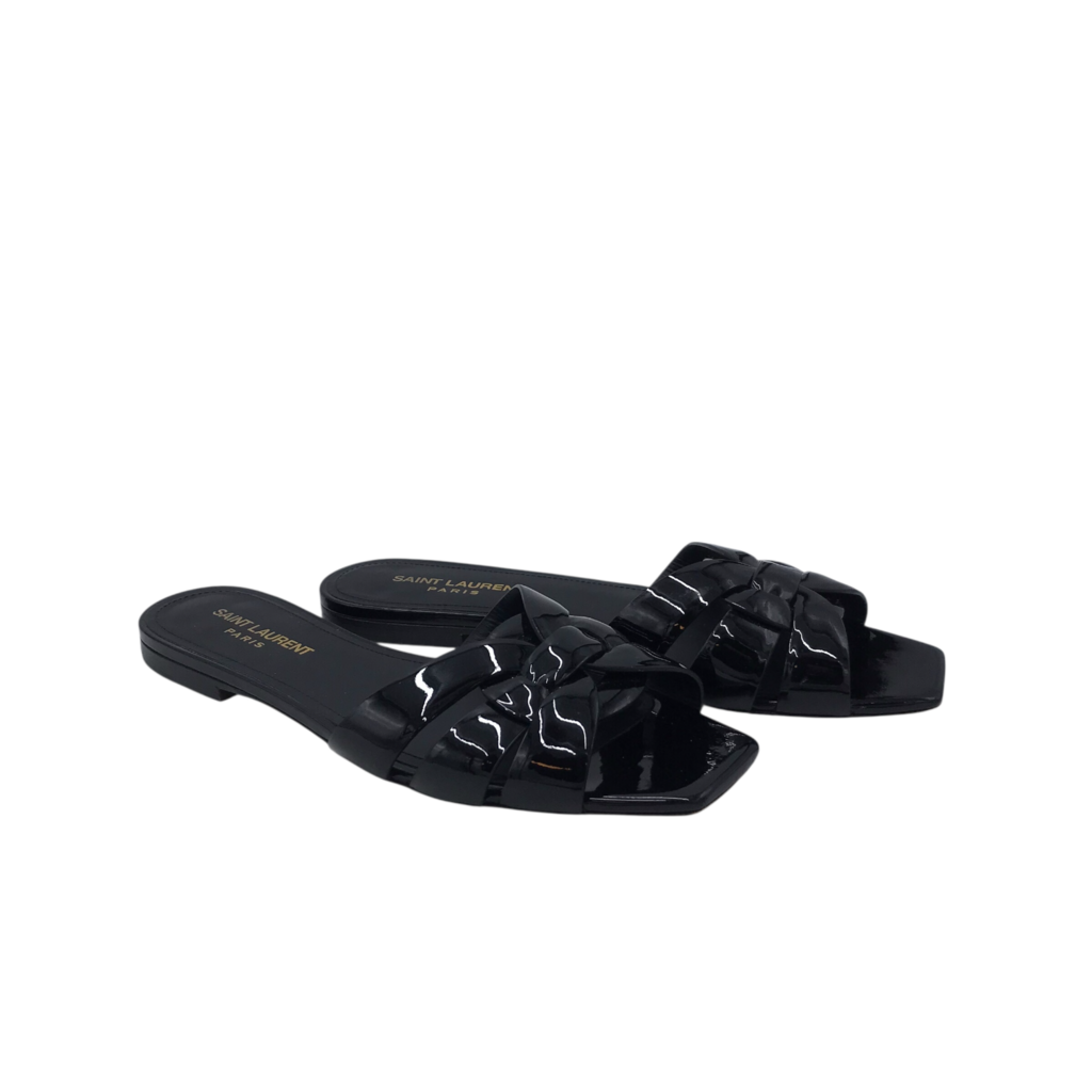 YSL TRIBUTE PATENT LEATHER FLAT SANDALS LUXE SHOES BLACK 37.5