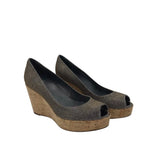 CORK WEDGE PEEP TOE DESIGNER SHOES METALLIC 8.5