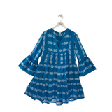 ELAN EMBROIDERED FLARE SLEEVE DRESS BLUE WHITE SMALL