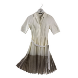 LELA ROSE PLEATED MIDI BELTED DESIGNER DRESS WHITE BEIGE 0