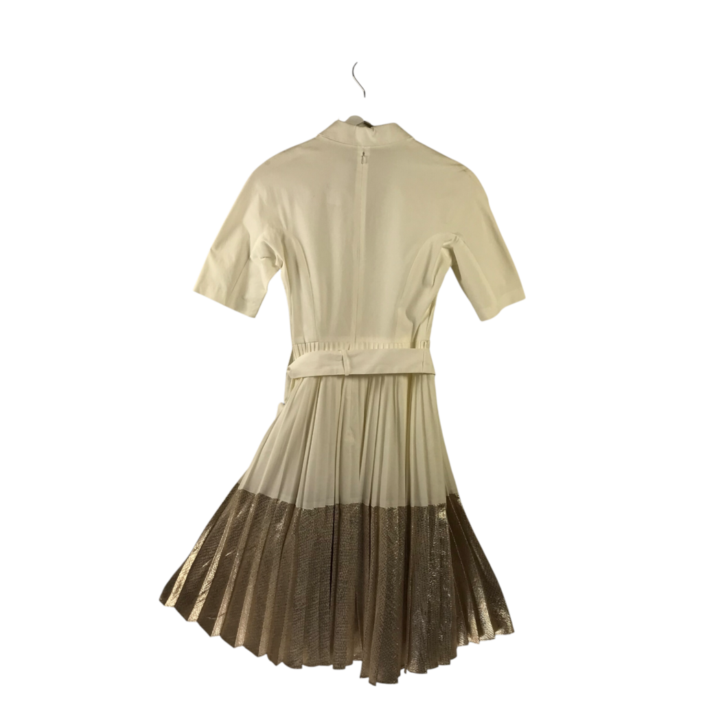 LELA ROSE PLEATED MIDI BELTED DESIGNER DRESS WHITE BEIGE 0