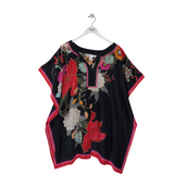 TRINA TURK SILK FLORAL DESIGNER PONCHO BLACK RED M/L