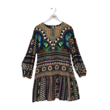 FARM RIO PRINT LONG SLEEVE DESIGNER DRESS BLACK CREAM MEDIUM