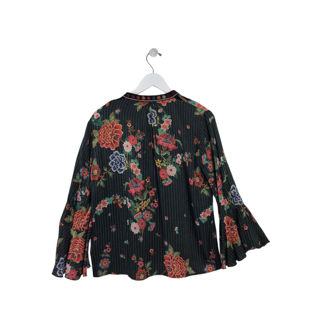 JOHNNY WAS EMBROIDERED LONG SLEEVE DESIGNER TOP BLACK MULTI SMALL