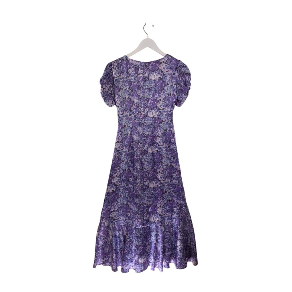 CINQ A SEPT RET$395 PRINT RUCHED MIDI SHORT SLEEVE DESIGNER DRESS PURPLE WHITE 0