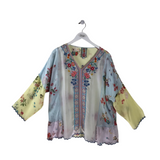 JOHNNY WAS EMBROIDERED LONG SLEEVE DESIGNER TOP BLUE PINK LARGE