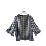 LAFAYETTE 148 LINEN PLAID 3/4 SLEEVE DESIGNER TOP BLUE GREY LARGE