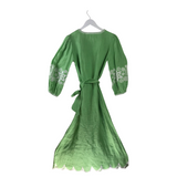 RET$495 MAXI LINEN EMBROIDERED LONG SLEEVE TIE BELT DESIGNER DRESS GREEN WHITE XSMALL