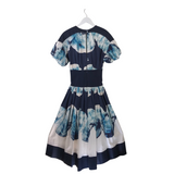 SILVIA TCHERASSI MAXI PRINT PUFF SLEEVE DESIGNER DRESS NAVY WHITE SMALL