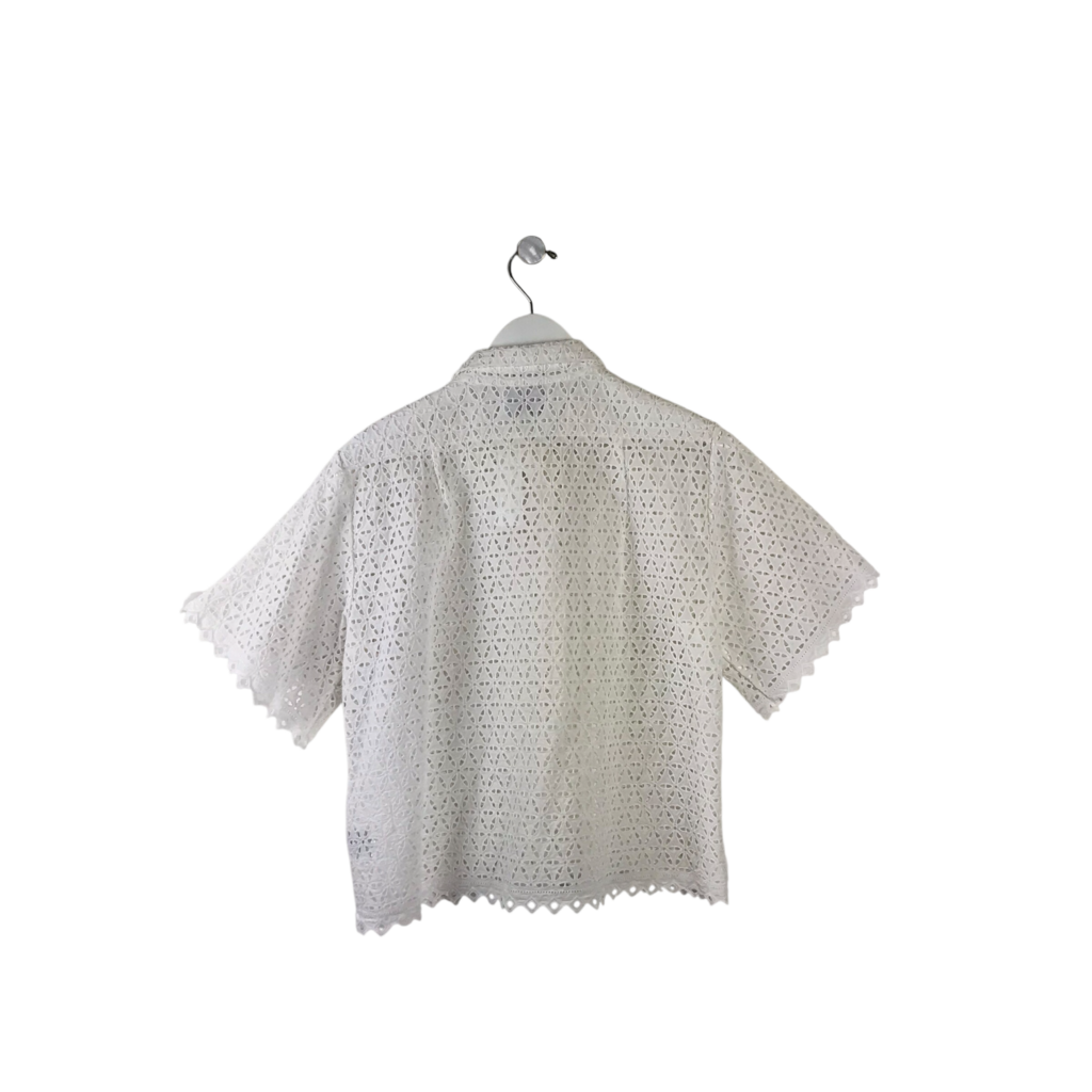 RET$440 EYELET SHORT SLEEVE DESIGNER BLOUSE WHITE MEDIUM