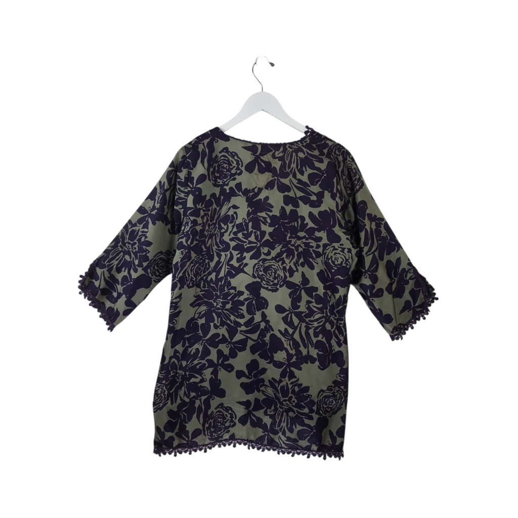 JOHNNY WAS SILK PRINT TUNIC DESIGNER TOP GREEN PURPLE MEDIUM