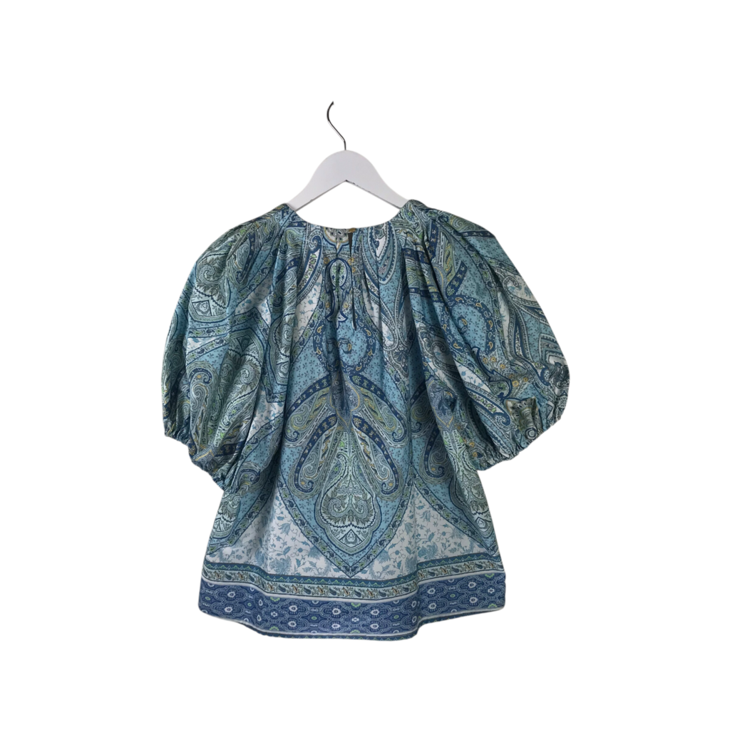TYLER BOE NWT$201 PRINT PUFF SLEEVE DESIGNER TOP BLUE WHITE SMALL