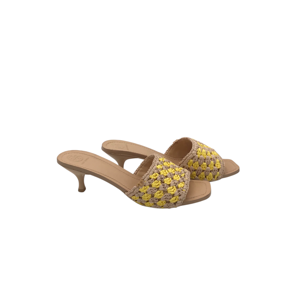 TORY BURCH RAFFIA SANDAL HEELED DESIGNER SHOES YELLOW BEIGE 8