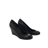 TORY BURCH LEATHER WEDGE DESIGNER SHOES BLACK GOLD 7