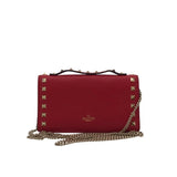 VALENTINO ROCKSTUD LEATHER WALLET-ON-CHAIN LUXE WALLET RED