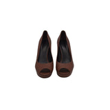 GUCCI LEATHER PEEP-TOE PUMPS DESIGNER SHOES BROWN 38.5