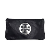TORY BURCH RET$450 "REVA" LEATHER SHOULDER CLUTCH HANDBAG BLACK SILVER