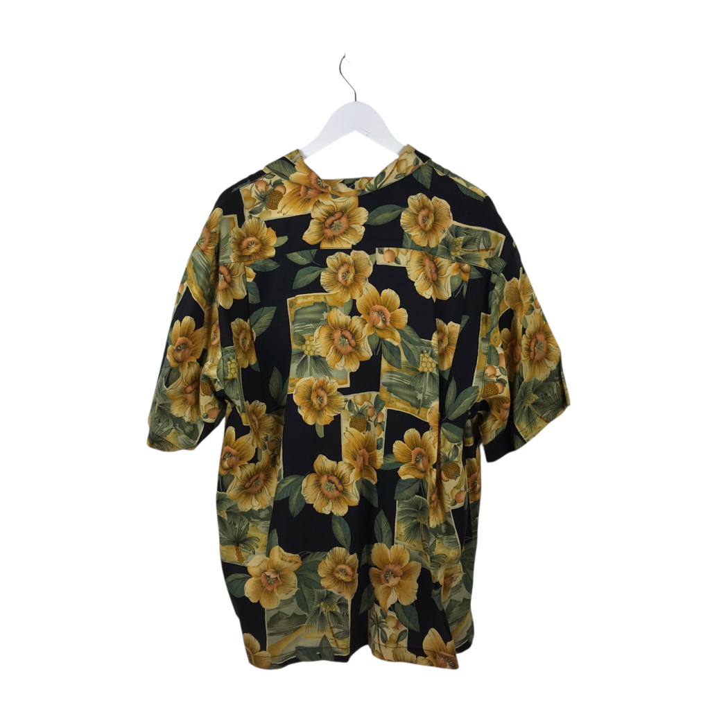 TOMMY BAHAMA LINEN FLORAL SHORT SLEEVE MEN SHIRT BLACK YELLOW LARGE