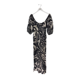 FARM RIO RET$238 LINEN BLEND PUFF SLEEVE DESIGNER JUMPSUIT BLACK WHITE SMALL