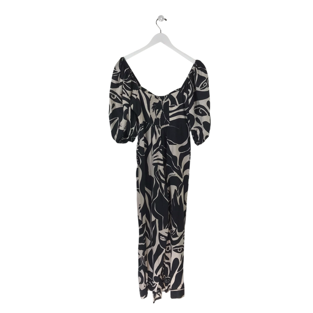 FARM RIO RET$238 LINEN BLEND PUFF SLEEVE DESIGNER JUMPSUIT BLACK WHITE SMALL