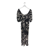 FARM RIO RET$238 LINEN BLEND PUFF SLEEVE DESIGNER JUMPSUIT BLACK WHITE SMALL