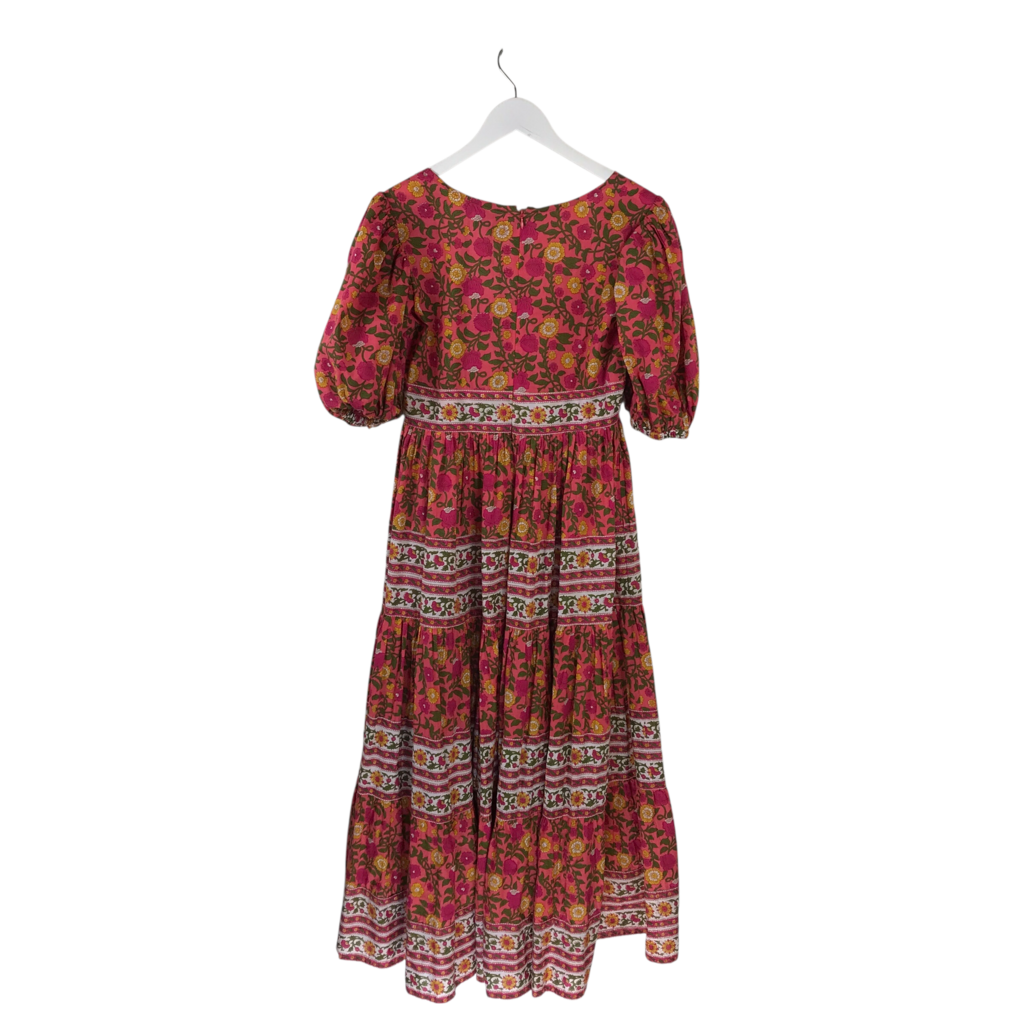 MILLE RET$348 FLORAL MAXI PUFF SLEEVE DESIGNER DRESS PINK GREEN SMALL