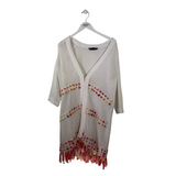 MING WANG 3/4 SLEEVE FRINGE DESIGNER CARDIGAN WHITE ORANGE SMALL