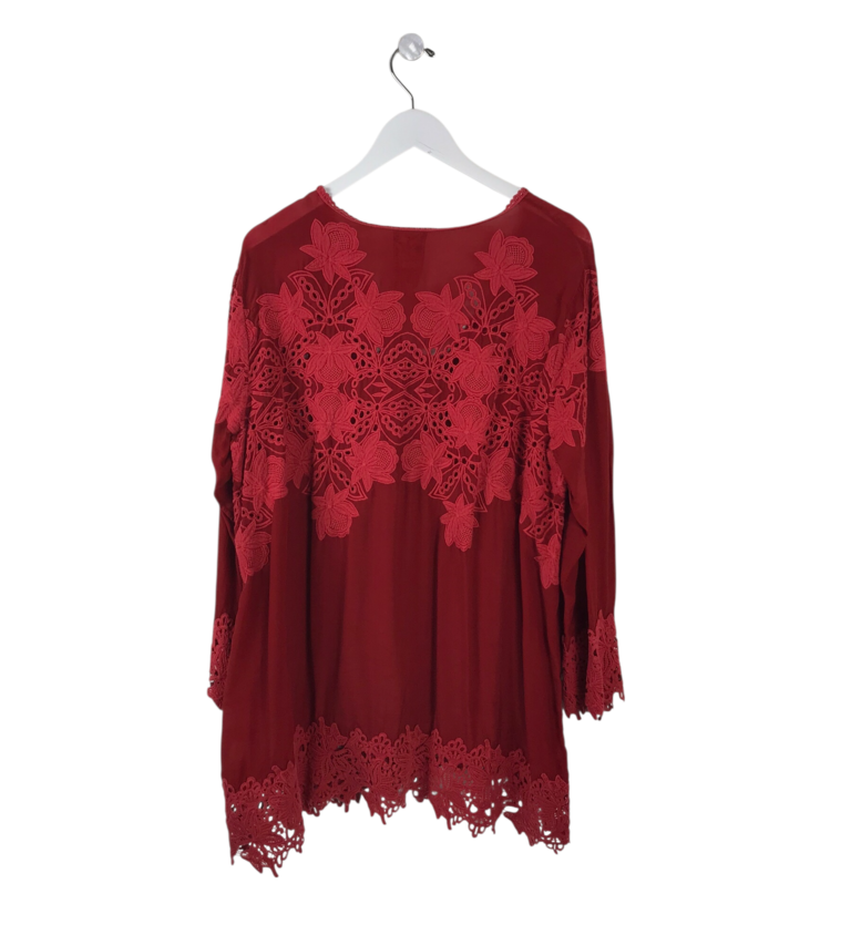 JOHNNY WAS EMBROIDERED LONG SLEEVE DESIGNER TOP RED 1X