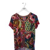 JOHNNY WAS FLORAL SHORT SLEEVE DESIGNER TOP MULTI MEDIUM