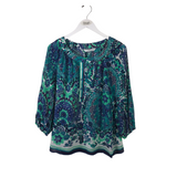 TRINA TURK LONG SLEEVE DESIGNER TOP BLUE WHITE MEDIUM