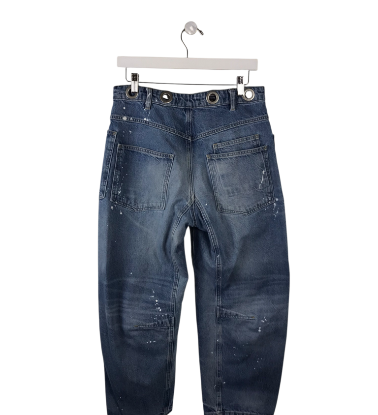 WE THE FREE PAINT SPLATTER BARREL JEANS BLUE 26