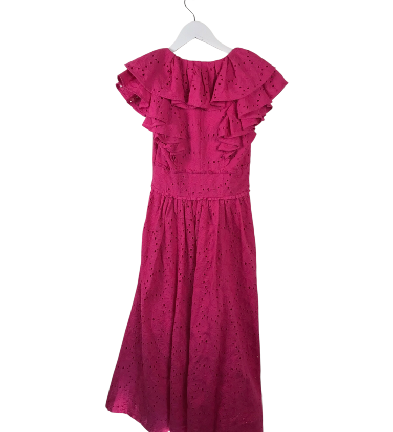 TED BAKER RET$475 EYELET MAXI RUFFLE SLEEVELESS DESIGNER DRESS HOT PINK 0