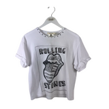 ALICE + OLIVIA STUDDED "ROLLING STONES" TEE DESIGNER TOP WHITE BLACK MEDIUM