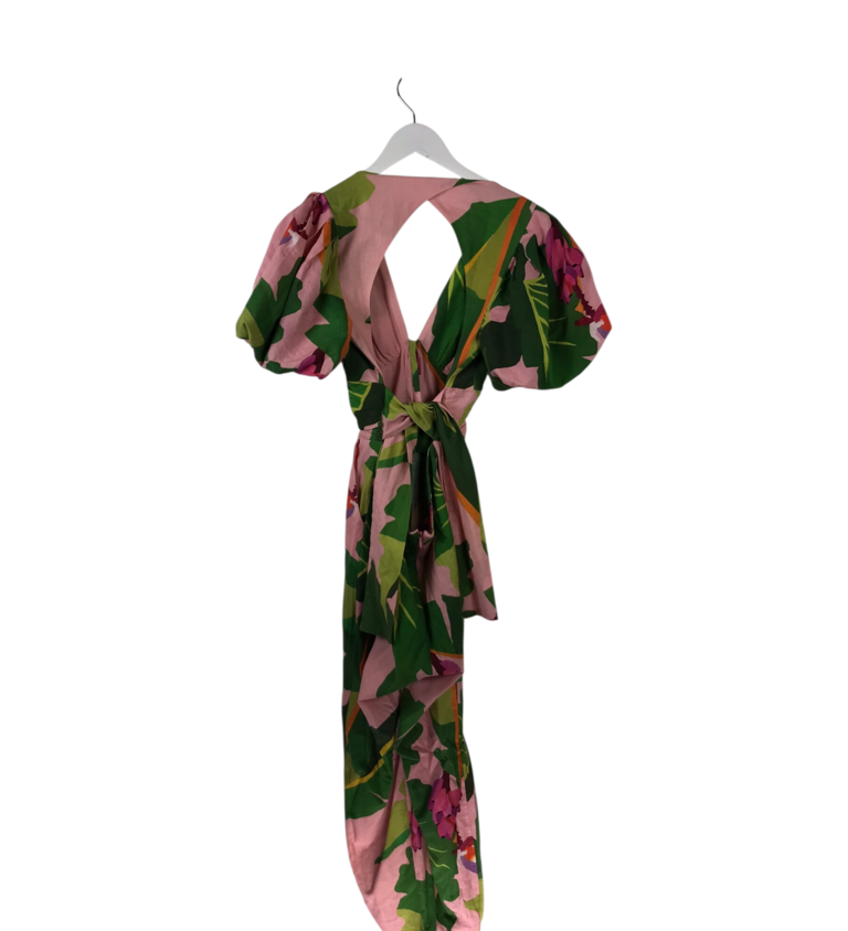 FARM RIO FLORAL PUFF SLEEVE DESIGNER JUMPSUIT PINK GREEN SMALL