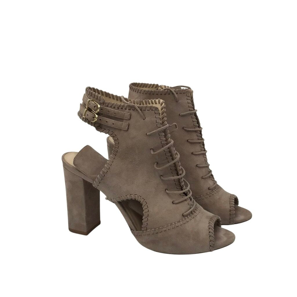 BIRMAN RET$695 SUEDE LACE UP PEEP TOE BOOTIE SHOES BEIGE 38