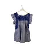 MI GOLONDRINA EMBROIDERED STRIPE RUFFLE SLEEVE DESIGNER TOP BLUE WHITE MEDIUM