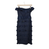RET$268 DENIM SMOCKED TIERED STRAPLESS MIDI DESIGNER DRESS BLUE SMALL