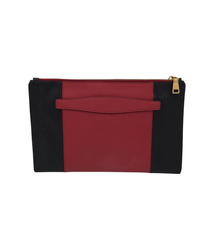 PRADA BICOLOUR SAFFIANO LEATHER CLUTCH LUXE HANDBAG RED/BLACK