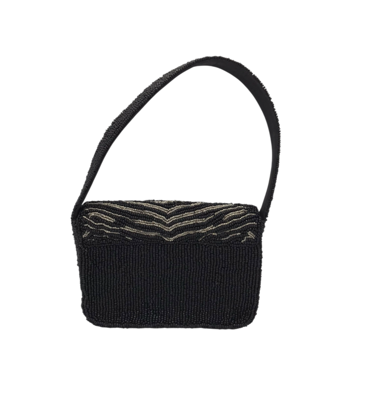 SMALL BEADED SHOUDLER HANDBAG BLACK SILVER