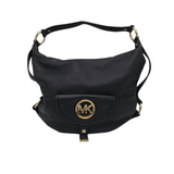 MICHAEL MICHAEL KORS LARGE LEATHER HOBO HANDBAG BLACK GOLD