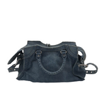 BALENCIAGA WASHED FRAYED DENIM CRYSTAL NEO CITY LUXE HANDBAG BLUE