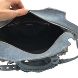 BALENCIAGA WASHED FRAYED DENIM CRYSTAL NEO CITY LUXE HANDBAG BLUE